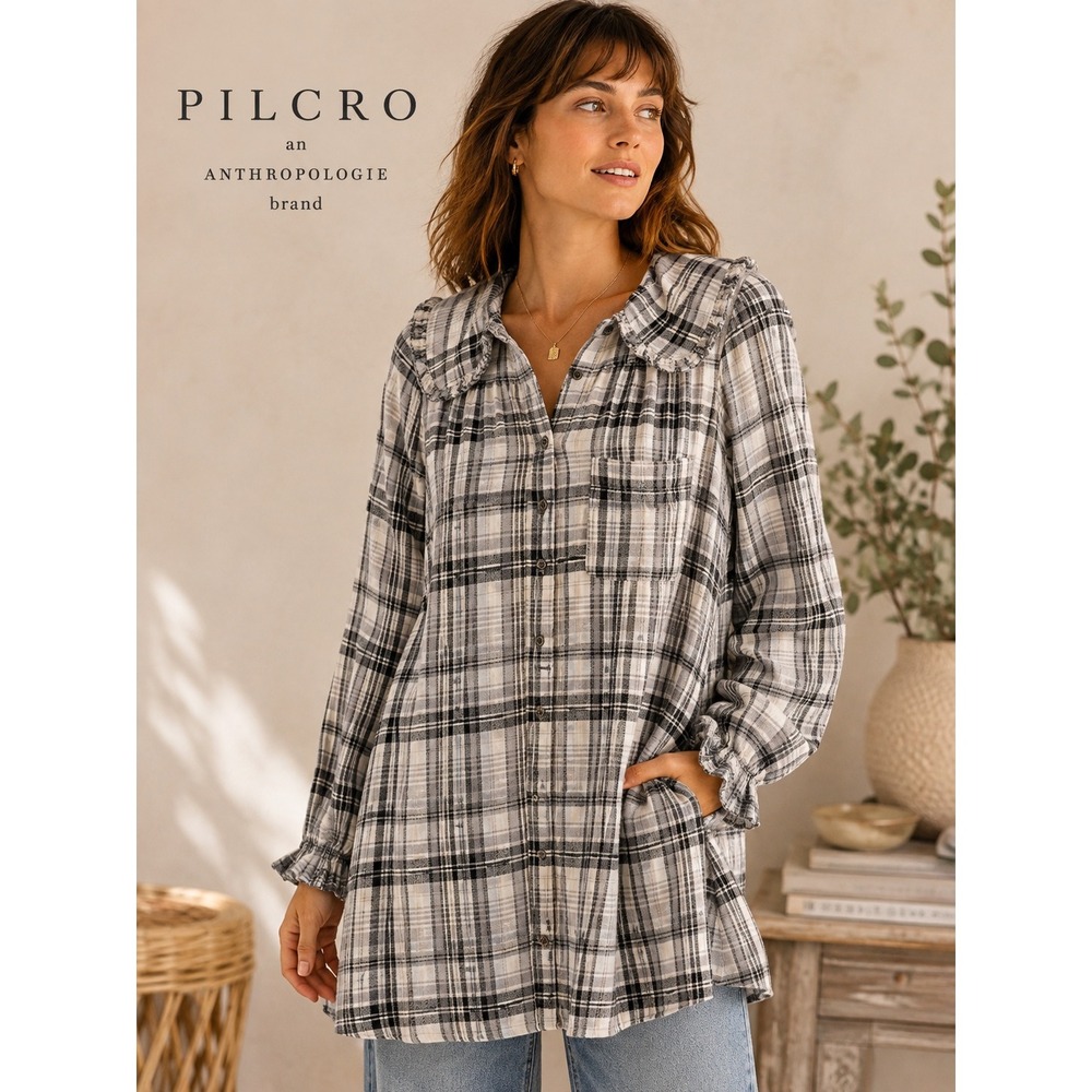 Pilcro Anthropologie Plaid Tunic Shirt Ruffle Peter Pan Collar Black White S